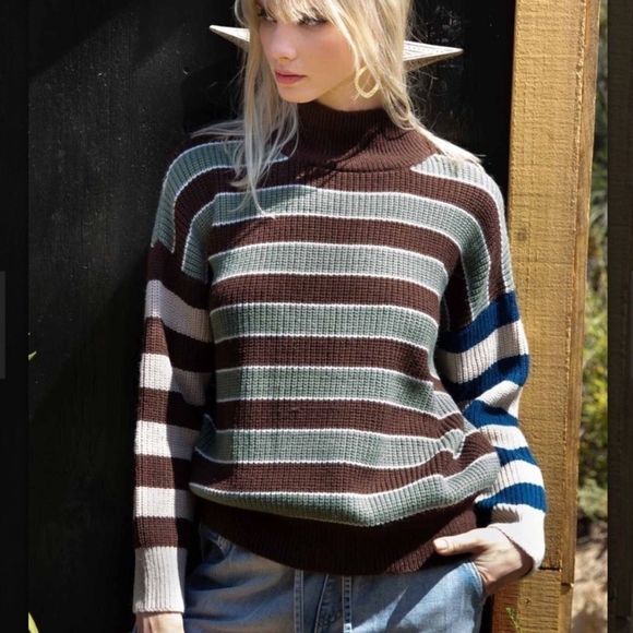 POL Sweater Sz Small Mock Neck Striped Ribbed Chunky Knit Oversized Boho Warm - Picture 1 of 6